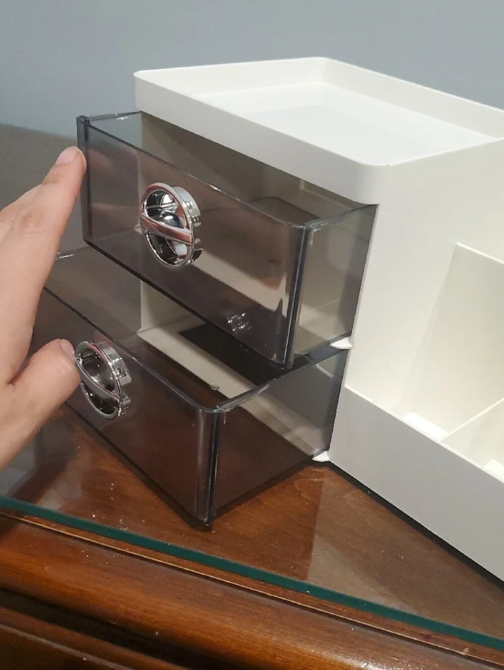 White Makeup Organizer with Smoke Drawers and Divided Compartments